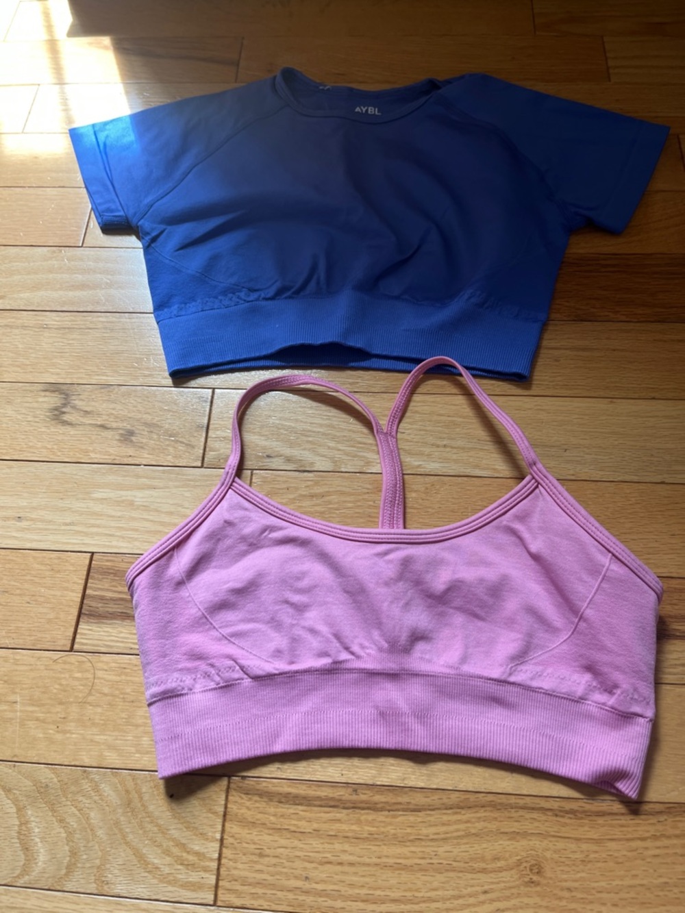 AYBL Blue Cropped Athletic Top with Pink Strappy Sports Bra